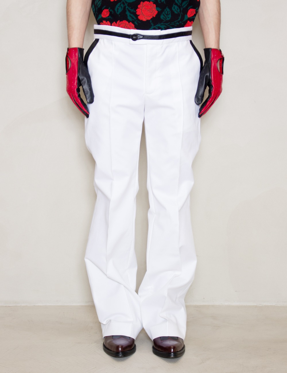 LEATHER TRIM FLARE TROUSERS_WHITE