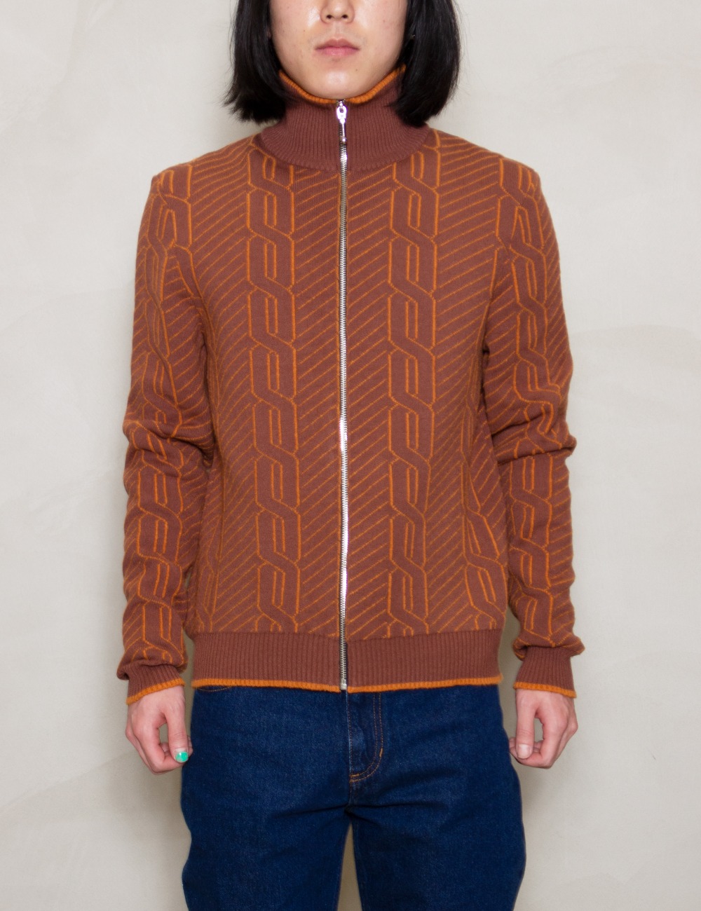 CABLE KNIT JACQUARD CARDIGAN_BROWN