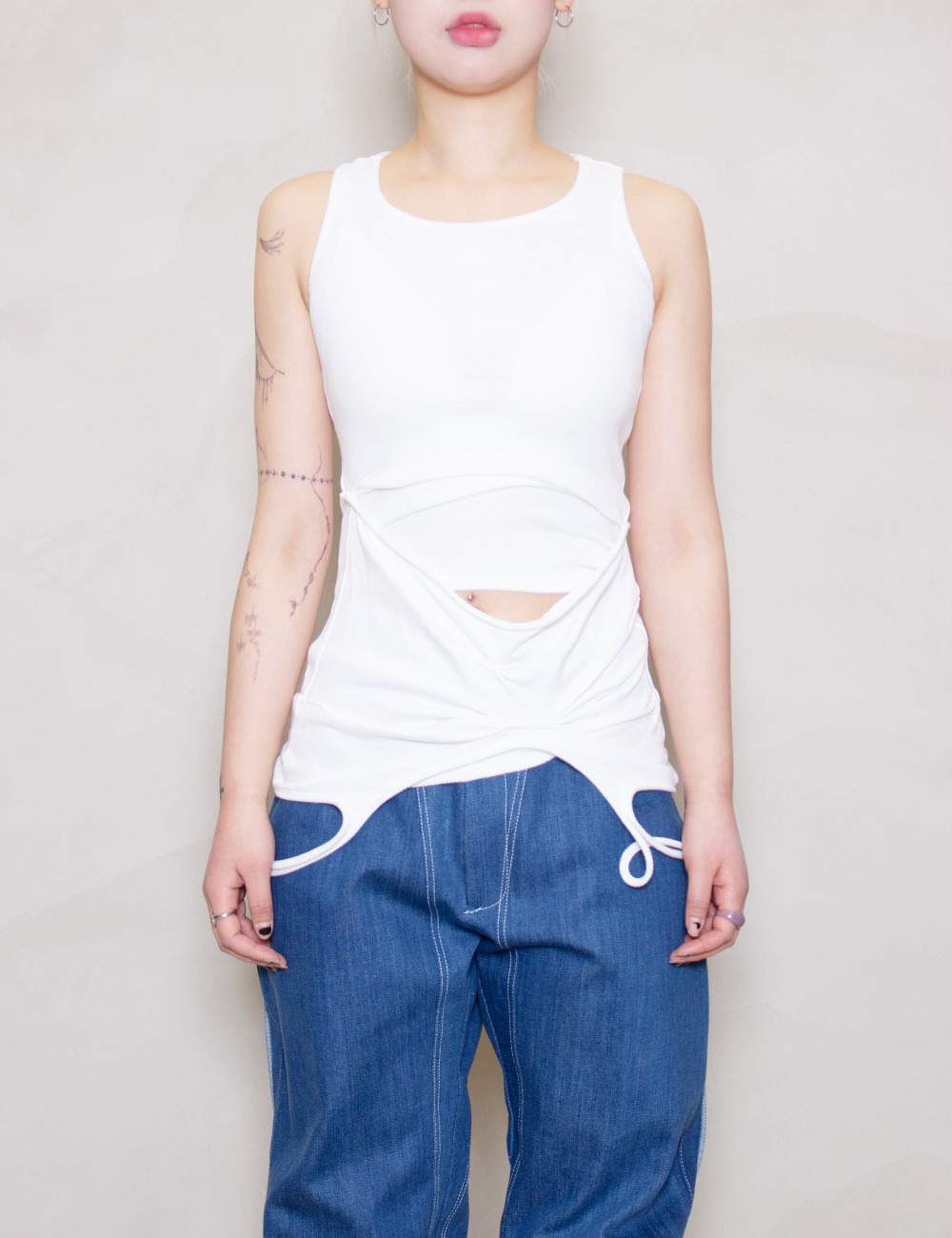 WHITE RIBBED JERSEY TANK WITH DRAPERY_EAN